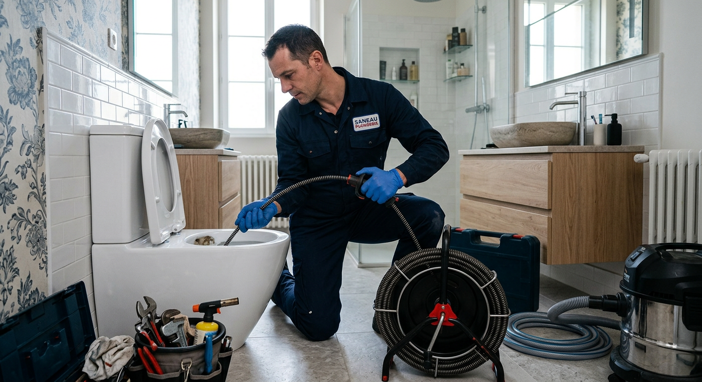 Plombier débouchant des WC avec un furet électrique à Malakoff